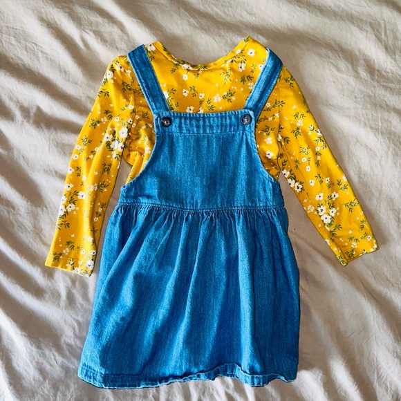 2 Piece Denim Dress + Long Sleeve Floral Tee Outfit Skirtall 2T Toddler Girl - Picture 3 of 6